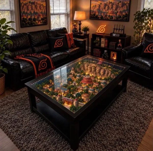 Table décoration Naruto modèle Village caché de Konoha, diorama lumineux sous verre