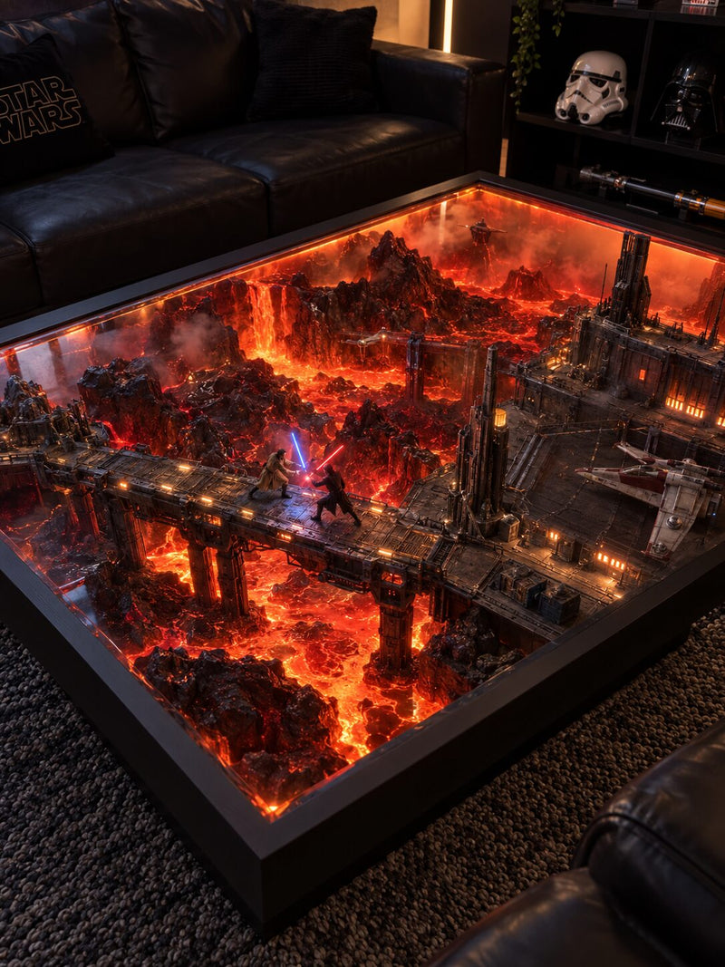 Table décoration Star Wars modèle Mustafar, diorama de lave illuminé sous verre