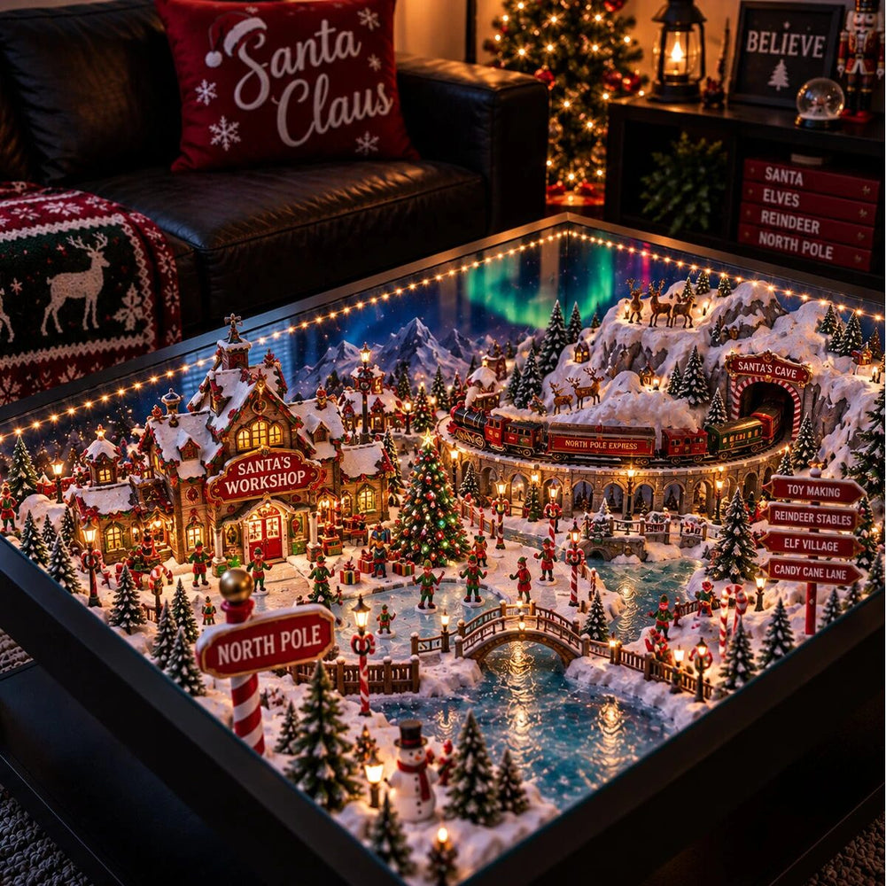Table décoration Noël NorthPole avec village du pôle Nord illuminé sous plateau en verre